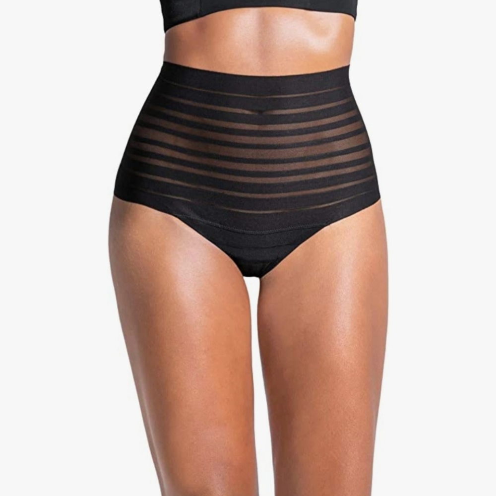 Leonisa Lace Stripe High Waisted Compresion Panty.Whit Lace Stripe Black Size XL